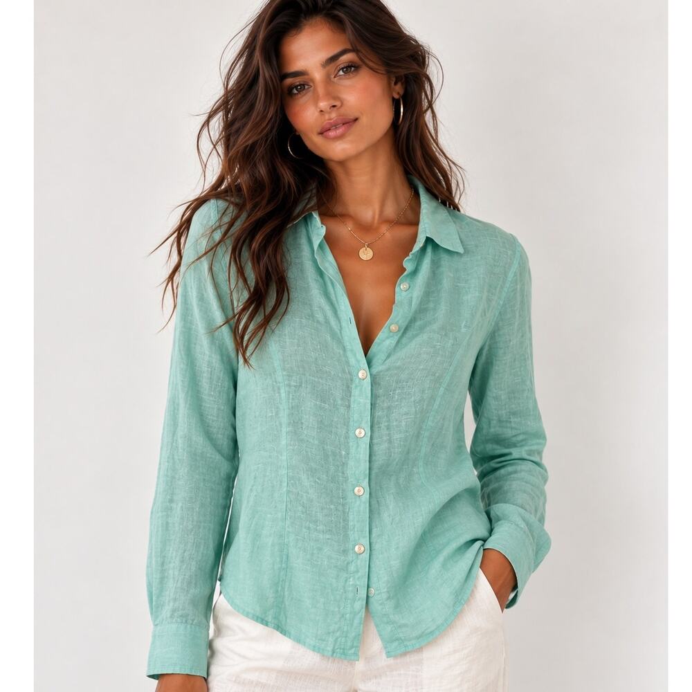 Tahari NEW 100% Linen Top Womens Small Mint Green Coastal Lagenlook Button Shirt